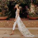Runhufu Sexy Tulle Wedding Jumpsuit With Sweep Train Elegant Long Sleeves Scoop Neck Lace Appliques Open Back Pants Suits For Bride