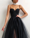 Runhufu Women Summer Cocktail Dress Solid Color Spaghetti Strapless Tulle Tutu Dress Party Elegant Side Slit Braces Mesh A-Line Vestido