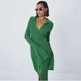 Runhufu Autumn Winter Elegant Knit Rib Bodycon Dress Office Lady Long Sleeve Lapel Button down Midi Dress Party Casual Women Wear