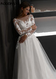 Runhufu A line Lace Appliques Long Sleeve Glitter Wedding Dress Sequins Illusion Back Beach Bridal Gowns vestido de noiva