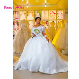 Runhufu Long Sleeves Princess Plus Size Ball Gown Wedding Dress Illusion Scoop Beaded Bridal Dresses Lace Up Back Bridal Gowns