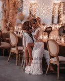 Runhufu Bohemian Wedding Dresses Lace V-Neck Elegant Wedding Gown Boho Beach Bridal Dress Long Sleeves Open Back vestido novia