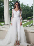 Runhufu Sleeve Jumpsuit Wedding Dresses With Detachable Train 2023 Lace Appliques Tulle Pants Suit Bridal Gown Button Back Elegant