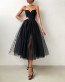 Runhufu Women Summer Cocktail Dress Solid Color Spaghetti Strapless Tulle Tutu Dress Party Elegant Side Slit Braces Mesh A-Line Vestido