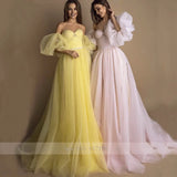 Runhufu Arrival Sweetheart Detachable Short Sleeve Beads Belt Pink Tulle A-Line Evening Dresses Yellow Prom Gowns Robe De Soiree