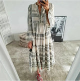 Runhufu Geometric Print Dress Women Flare Sleeve V-neck Dress for Beach Vacation Casual Loose Ladies Ruffles Flared A-Line Dress