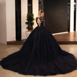 Runhufu Ball Gown Black Wedding Dresses Sequin Lace Appliques Bridal Gowns with Long Sleeve Lace-up Princess Party Dress Plus Size