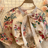 Runhufu Chic Mesh Embroidery Flower Dress Women French Bow Collar Short Sleeve A-line Dress Summer Elegant Retro Holiday Dress