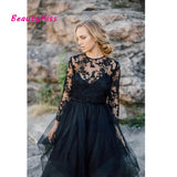 Runhufu Long Sleeves A-Line Black Wedding Dress with Removable Lace Jacket Long Tulle Bridal Dress vestido de novia corto