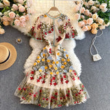 Runhufu Retro Mesh Embroidery Dress Women Short Sleeve Ruffles A-line Dress Summer High Quality Elegant Chic Streetwear Dress