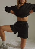 Runhufu Women Casual Sports Shorts Solid Color Elastic Waist Wide Leg Shorts with Slant Pockets Female Tracksuit Workout Bottoms Shorts