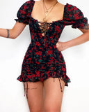 Runhufu New 2024 Vintage Floral Puff Sleeve Short Ruffles Dress Summer Women Ladies Lace-up Front Square Collar Ruched Dress