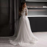 Runhufu Tulle Scoop Wedding Dress Simple Long Sleeves A-Line Lace Appliques Illusion Back With Button Bridal Gown Custom Made