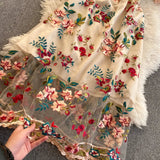 Runhufu Chic Mesh Embroidery Flower Dress Women French Bow Collar Short Sleeve A-line Dress Summer Elegant Retro Holiday Dress