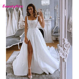 Runhufu Square Neck Split Wedding Dresses with Lace Appliques A-Line Long Tulle Wedding Gowns Vestido De Noiva