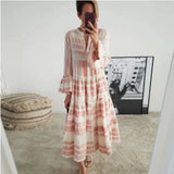 Runhufu Geometric Print Dress Women Flare Sleeve V-neck Dress for Beach Vacation Casual Loose Ladies Ruffles Flared A-Line Dress