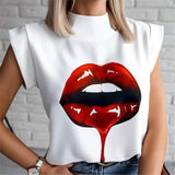 Runhufu New Fashion Women White Tops Summer Short Sleeve Stand Collar T-shirt Casual Red Lips Print Pullover Tees Plus Size