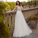 Runhufu Long Sleeve Appliques Lace A-Line Buttons Tulle Wedding Dress 2024 Vestido De Noiva Bridal Gown