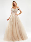 Runhufu Off The Shoulder Lace Evening Dresses Long For Women 2024 Champange A-Line Sleeveles Prom Gown Reception Elegant