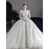 Runhufu Sleeved Winter Wedding Dress 2023 New V Neck Luxury Long Sweep Train Beading Princes Wedding Gown Vestido De Noiva