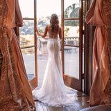 Runhufu Modern Lace Mermaid Sleeveless Bridal Wedding Dresses V Neckline with Straps Bridal Gowns for Bride Back Out Robe De