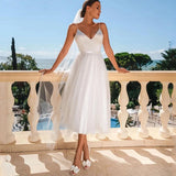 Runhufu On Sale White Wedding Dresses Short Gowns Mid Calf Length Sleeveless V Neckline Bridal Back Out Simple