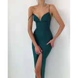 Runhufu Elegant High Slit Midi Bodycon Dress Women Sexy Spaghetti Straps Corset Dress Gown Club Party Vestidos Backless Clothes