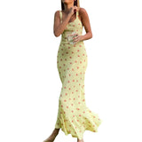 Runhufu Summer Floral Suspender Maxi Sundress Holiady Beach Women Sleeveless Straps Wrapped Fishtail Dress Slim Backless Vestido