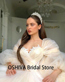 Runhufu Wedding Dresses with Detachable Puffy Sleeves Lace Appliques Pleated Long Boho Wedding Gown Champagne Bride Dress