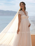 Runhufu V-neck Cap Sleeve Pregnant Wedding Dresses Bohemian Sexy Empire Waist Open Back A Line Floor Length Tulle Bridal Gowns