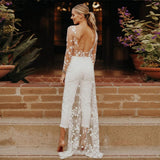 Runhufu Sexy Tulle Wedding Jumpsuit With Sweep Train Elegant Long Sleeves Scoop Neck Lace Appliques Open Back Pants Suits For Bride