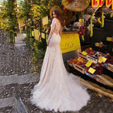 Runhufu Luxury Lace Wedding Dress Long Sleeve Sheer V-Neck 2 In 1 Modern Mermaid Bride Gown Detachable Train Vestido de noiva