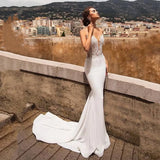 Runhufu Mermaid Open Back Wedding Dresses For Women 2024 V Neck Lace Appliqued Backless Beach Bridal Gowns White Vestidos De Novia