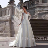 Runhufu A Line Wedding Dresses with Lace Long Sleeves Sweetheart Zipper Back Floor Length Pleated Satin Robe de Mariage