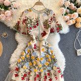 Runhufu Retro Mesh Embroidery Dress Women Short Sleeve Ruffles A-line Dress Summer High Quality Elegant Chic Streetwear Dress