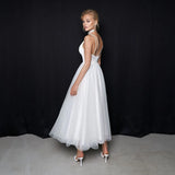 Runhufu Simple White Ankle Length Bridal Wedding Dresses 2024 Plunge V Neckline Pleat Wedding Gowns for Bride Back Out On Sale