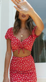 Runhufu Summer Red Floral Two Pieces Sets Women Puff Sleeve T-Shirt Crop Tops Lace-up High-Waist Bodycon Skirt Party Wear Outfits