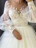 Runhufu Beach Wedding Dress A-Line Long Puff Sleeve Sheer Illusion Back Lace Appliques Bride Gown Vestido De Noiva
