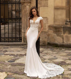 Runhufu Mermaid Wedding Dresses 2023 Cap Sleeve V-Neck Lace Appliques Sequined Sexy Open Back Sweep Train Ivory Bride Gown