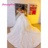 Runhufu Long Sleeves Princess Plus Size Ball Gown Wedding Dress Illusion Scoop Beaded Bridal Dresses Lace Up Back Bridal Gowns