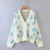 Runhufu Button Down Sweater Cardigan Women Loose Knit Coat Autumn Spring Casual Lady Long Sleeve V Neck Floral Outerwear Sweater