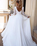 Runhufu Boho V-Neck Wedding Dress For Women Long Sleeves Pleats A-Line Simple Chiffon Bride Gown Sweep Train Vestido de Novia