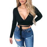 Runhufu Solid Long Sleeve T-Shirt Women Solid Crop Tops Fashion Female Bottoming Shirts Deep V Front Lace-up Skinny Tees