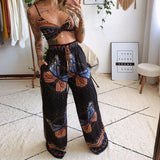 Runhufu Print Pants Sets High Street Summer Women Two Pieces Outfits Strap Bra Bustier+High Waist Wide Leg Pants Chic Lady Set