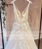 runhufu Floral Appliques Wedding Dresses 2023 V Neck Backless A-Line Court Train Tulle Bridal Gowns Vestido Robe Mariee