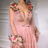 Runhufu Full Beads Long Evening Dresses Lace Appliques 3D Flowers V-Neckline Full Sleeves Floor Length Evening Formal Party Gowns
