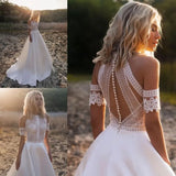 Runhufu Satin Bohemian Wedding Dress For Brides 2024 Off The Shoulder Lace Halter Boho Bridal Gown With Detachable Sleeves