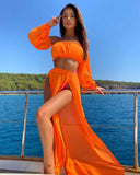 Runhufu Women's Clothing Set Off Shoulder Long Sleeve Crop Tops and Cover Up Skirt Two-piece Suit for Travelling Beach Vacation