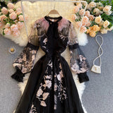 Runhufu High Quality Elegant Party Dress Women Korean Design Long Sleeve A-line Dress 2024 Spring Mesh Embroidery Flower Dress
