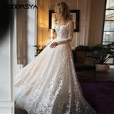 Runhufu Scoop Neck Long Sleeves Champagne Wedding Dress Sexy Open Back Tulle Lace Applique Bridal Dress A-line vestidos noiva